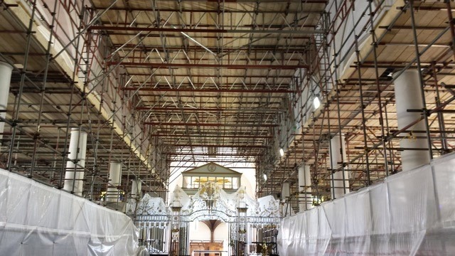 Scaffolding inside Derby Cathedral for restoration work Derby Cathedral Derby