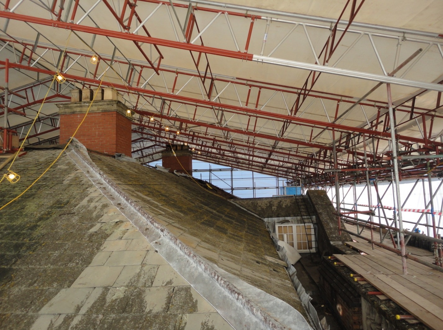 Internal view of a temporary roof scaffold above a building Internal view of a temporary roof scaffold above a building